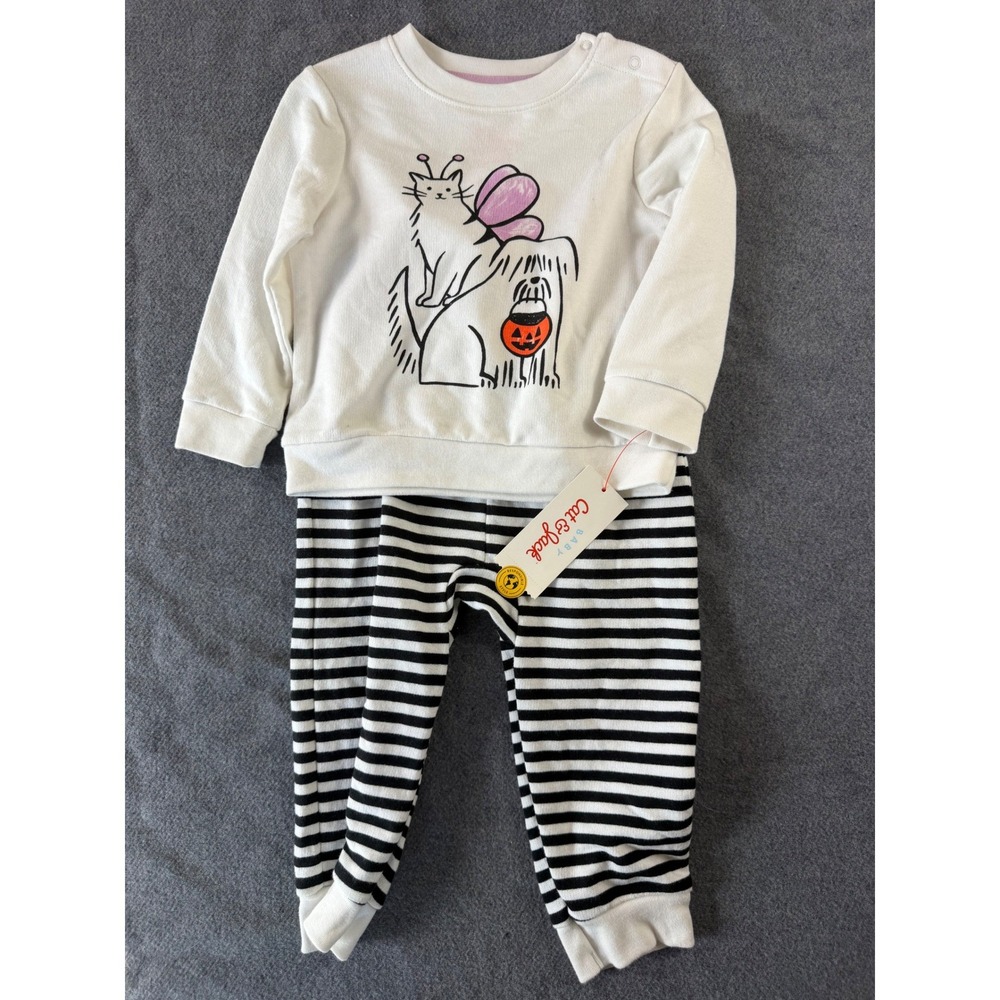 Cat & Jack Sweatshirt Joggers Unisex 18M Off-White Halloween Cat Dog Striped